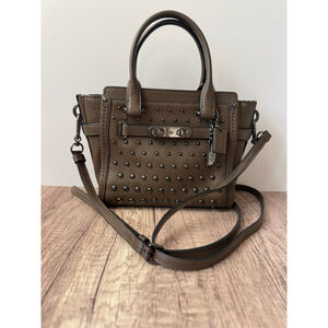 Coach Swagger 27 Studded Pebble Leather Satchel 57696 Olive Taupe Gunmetal